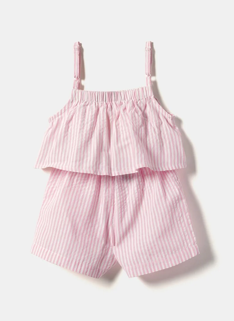 Nautinati  Girls' 100% Cotton Summer-theme Sunglass, Watermelon, Pineapple & Coconut Embroidered Striped, Layered Jumpsuit with Waist Tie-up for Women | Best Price UAE